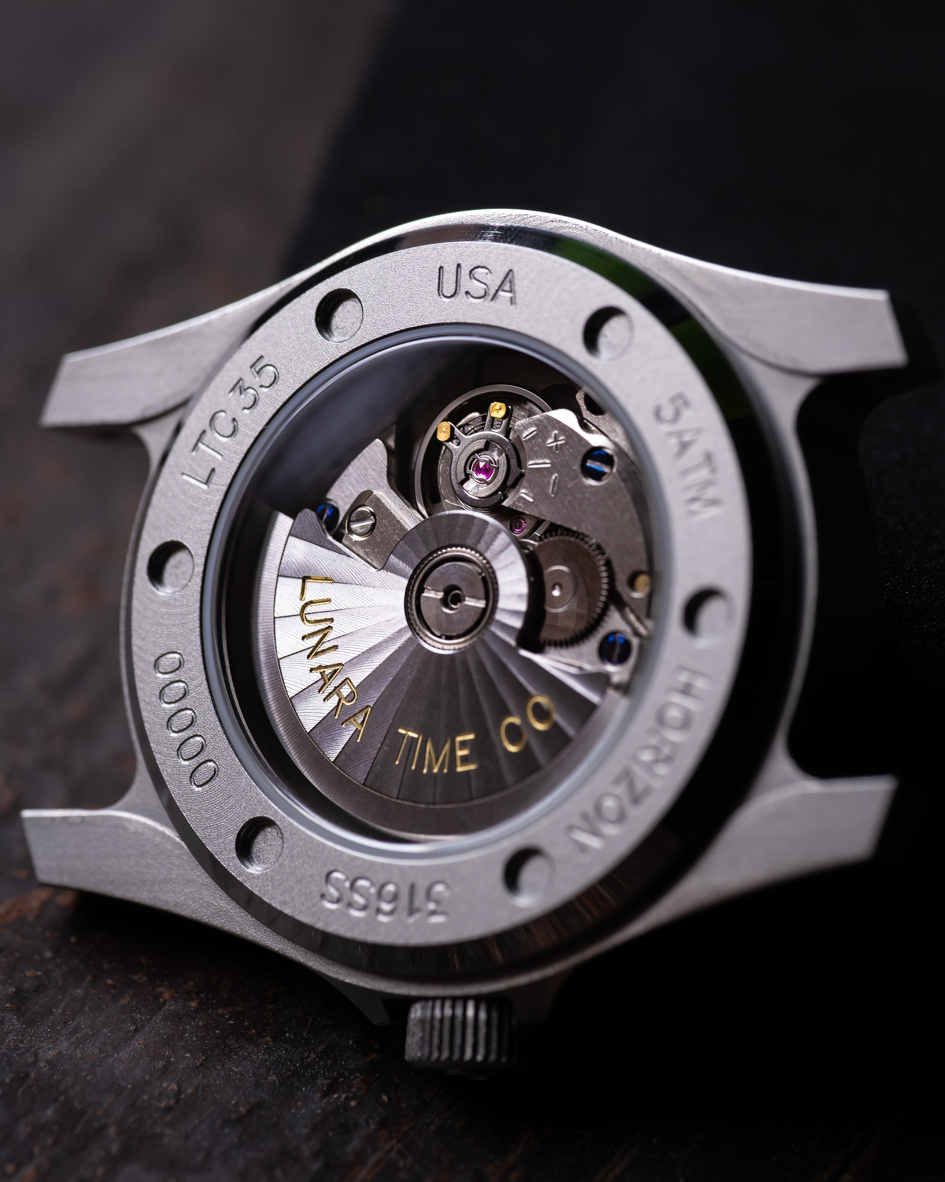 Exhibition caseback showing LTC35 movement